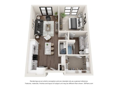 Floor plan for 1 bed, 1 bath, 745 sqft